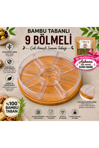 100% Bamboo Based 9-Compartment Snack Bowl, Snack Presentation Plate - with Transparent Plastic Compartments and Plastic Lid