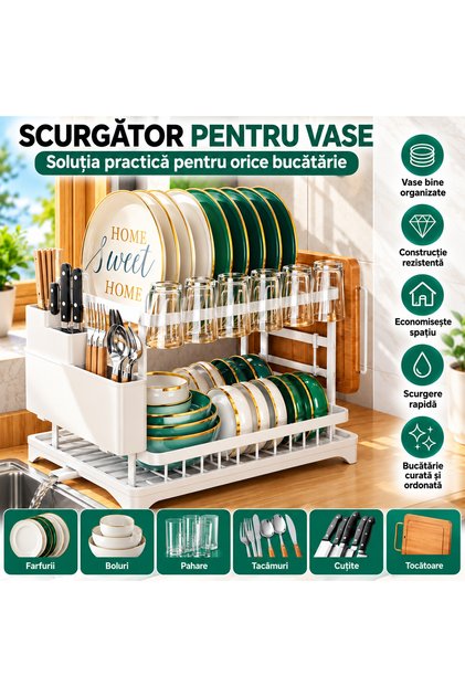 Scurgător de vase alb, etajat, cu suport pentru tacâmuri și pahare, 2 niveluri