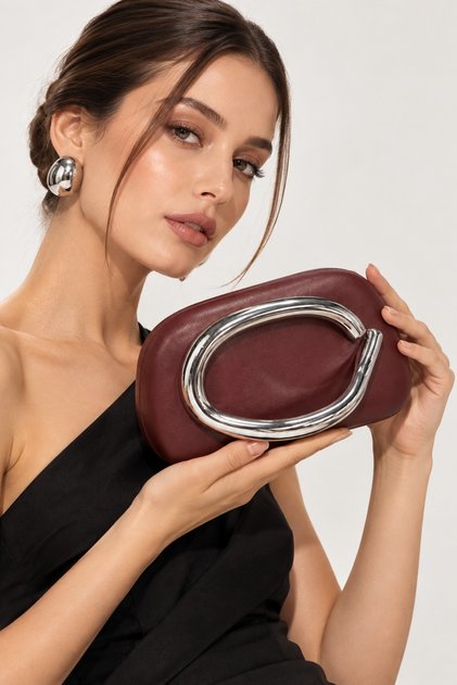 Women's Clutch Bag with Burgundy Metal Accessories and Faux Leather Chain Strap, Wedding Invitation and Evening Bag