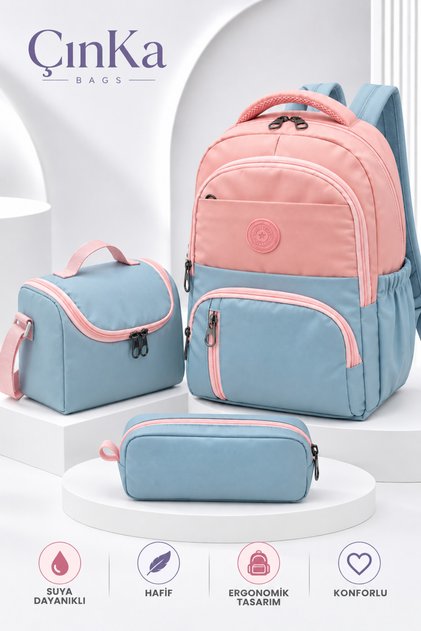 Waterproof Fabric Foil Backpack with Lunch Box and Pen Holder Primary School Bag Set of 3