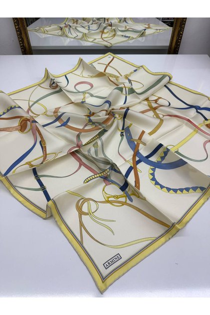 Twill İpek Eşarp Krem Sarı Mavi