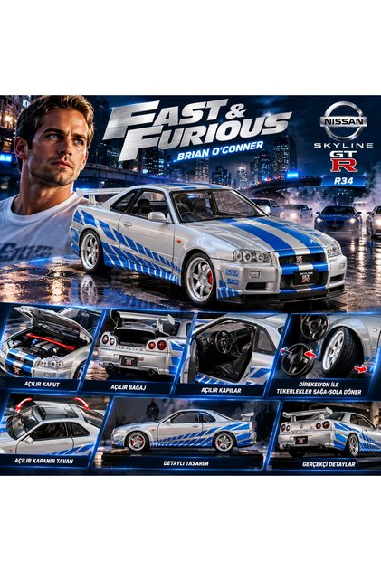 Fast & Furious Brian O'Conner 2002 Nissan Skyline GT-R R34 1:24 Diecast Model Araba Açılan Kapı Kaput Bagaj