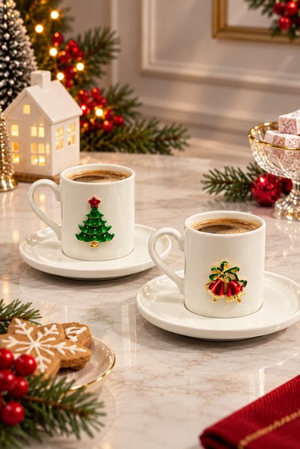 2 Person Porcelain New Year's Metal Figured Coffee Cup Set New Year's Gift 90ml