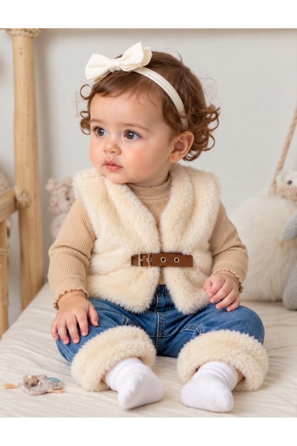 Lined Leather Belt Detailed Plush Vest, Flexible Cotton Bodysuit and Fuzzy Lycra Jeans, 3-Piece Baby Girl Set