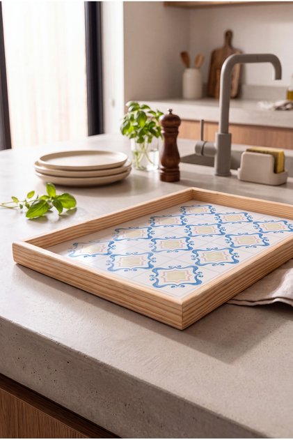Blue Geometric Patterned - Rectangular Coffee Presentation, Engagement, and Serving Tray with Natural Wood Frame