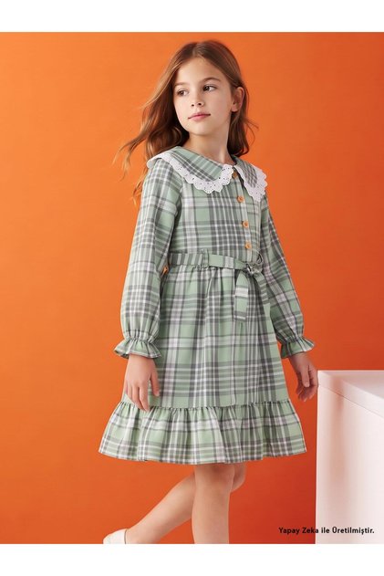 Plaid Patterned Dress for Ages 6-9 - Green 8-9 Years
