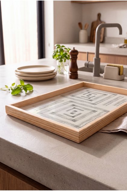 Modern Nested Square Motif - Rectangular Coffee Presentation, Engagement, and Serving Tray with Natural Wood Frame