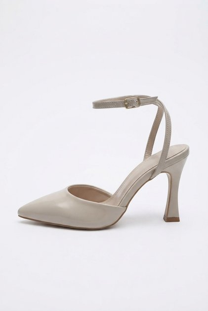Cream Beige Pointed Toe Ankle Strap Heeled Shoes