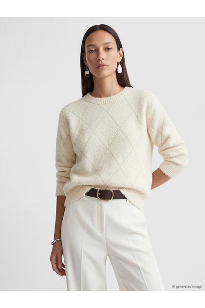 Nevavm Farkıyla Lcw Everyday White Oval Collar Diamond Patterned Women's Knitwear Sweater