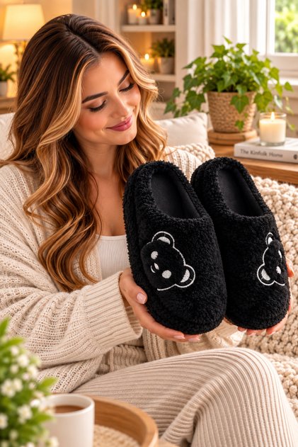 Fluffy Teddy Bear Patterned Women's Home Slippers Winter Wool Slippers Soundproof Wool Inside Daily Comfortable Slippers