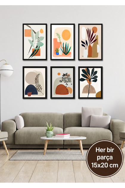 6 Lı Siyah Çerçeve Görünümlü Bohem Yapraklar Duvar Dekoru Salon Oturma Yatak Odası Için Tablo Seti