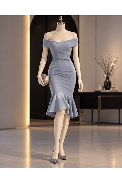 Ithal Krep Kumaş Madonna Yaka Volanlı Gri Elbise 581344
