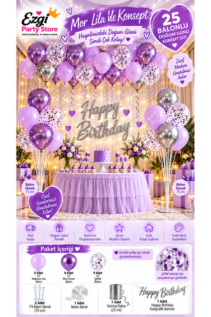 25 Balonlu Mor Lila Doğum Günü Konsepti Kutlama Parti Seti 2 Adet 7'li Balon Standı Happy Birthday Banner