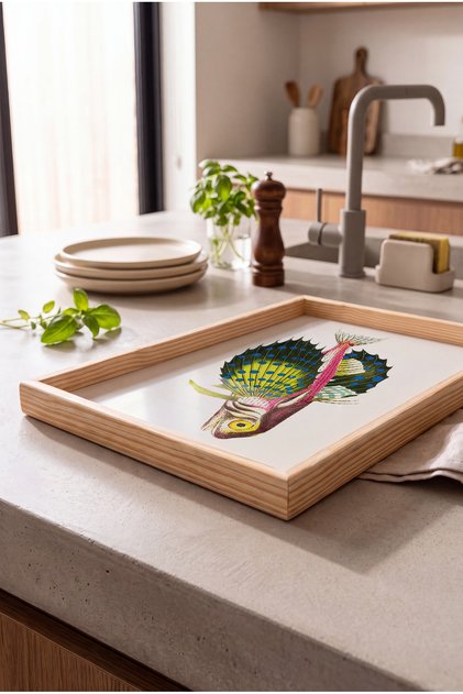Colorful Exotic Fish Pattern - Rectangular Coffee Presentation, Engagement, and Serving Tray with Natural Wood Frame