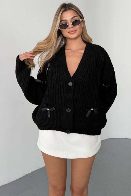 Ribboned Knitwear Cardigan — Black