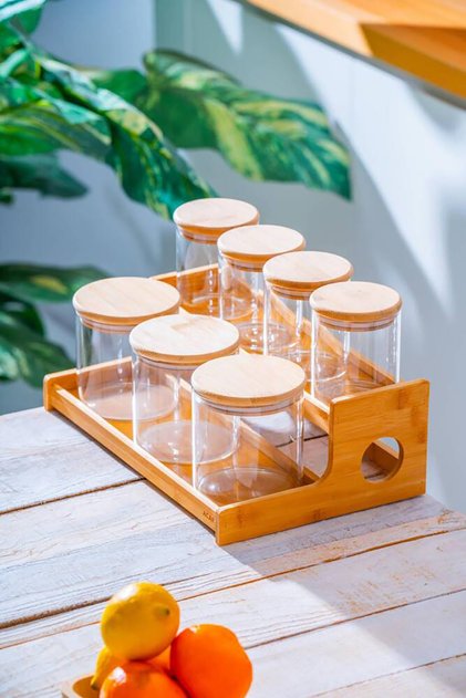 Malibu Bamboo Step Stand Set of 7 Borosilicate Glass Spice Holders Lnd-07588