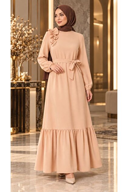 Crepe Fabric Shoulder Ruffle Dress Salmon