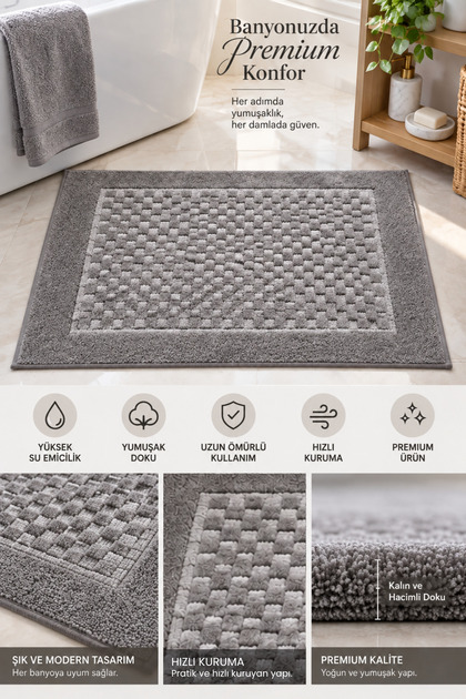 Premium Bath Mat 100% Cotton Water Absorbent Soft Textured Quick Drying Gray