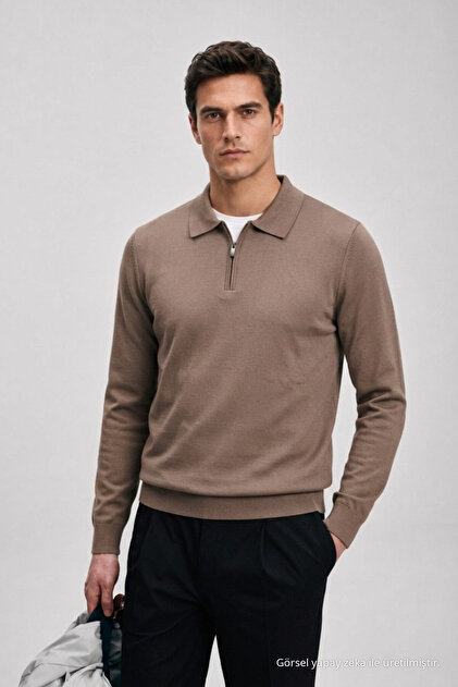 Erkek Basic Polo Yaka Kahve Uzun Kollu Triko Tişört