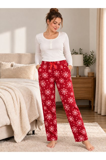 Women's Red Snowflake Fleece Pocketed Winter Thick Quality Pajama Bottoms
