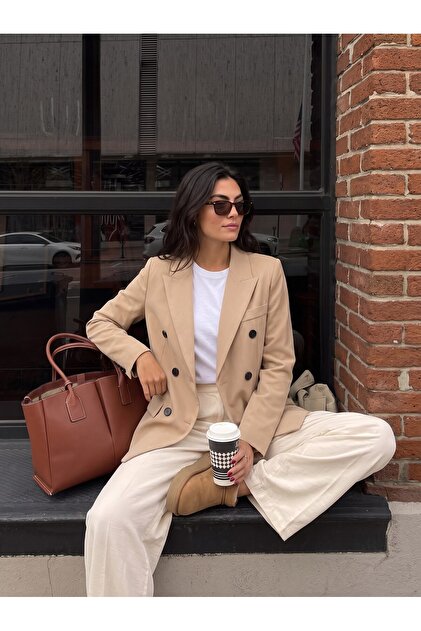 Beige Double-Breasted Collar Long Sleeve Oversize Cut Black Button Detailed Wide Fit Classic Jacket