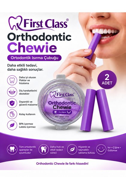 Chewies Ortodontik Isırma Çubuğu - Kaymaz Silikon Hizalayıcı - Mor Renk 2’Li