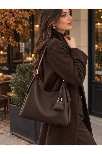 Women's Charm Detail Handbag and Shoulder Bag Brown