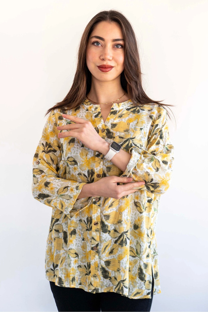 Women's Plus Size Fold Sleeve Shirt Blouse cty-akc-uzd1 100% Cotton Organic Linen