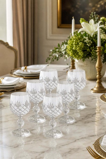 Handmade Bohemia Crystal Footed White Decorative Presentation Bowl Coffee Side Liquor Water Glass Set of 6 150Cc