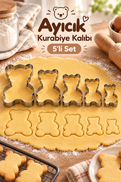 Ayıcık Kurabiye Kalıbı 10’lu Paket – 5 Farklı Boy Paslanmaz Çelik Şekilli Kurabiye Kesici Set