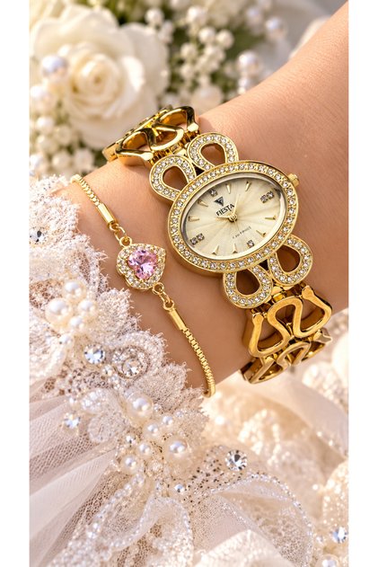 2-Year Warranty Golden Yellow Steel Cord Women's Wristwatch for Bride, Engagement, Wedding