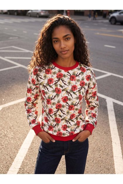 Red Cotton Blend Crew Neck Two Yarn Standard Fit Floral Pattern Sweatshirt