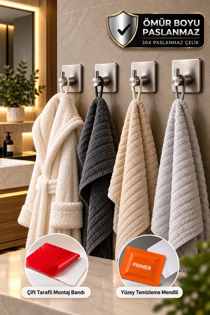 4 Adet Kare Tekli Modern Banyo Askılık 45 mm | Paslanmaz Çelik | Delmeden Yapışkan Montaj