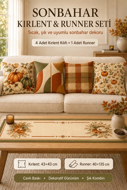 Sonbahar Balkabağı 4’lü Çift Taraf Baskılı Kırlent Kılıfı 43x43 cm + Runner Dekoratif 5’li Set