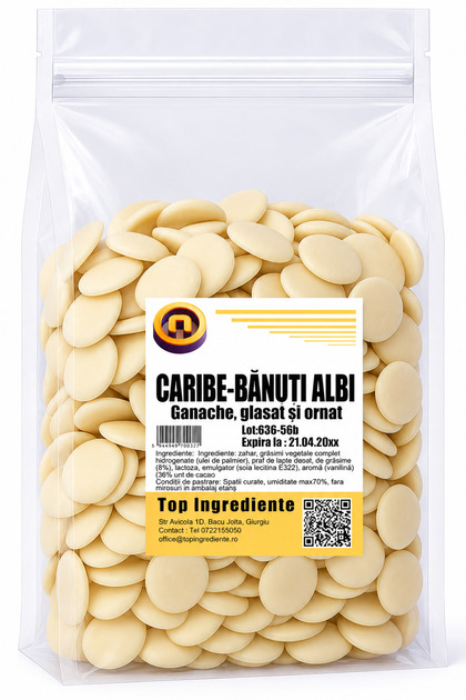 Bănuți Albi Caribe- 500g– Pentru Ganache, Glasat și Ornat (Origine: Italia)
