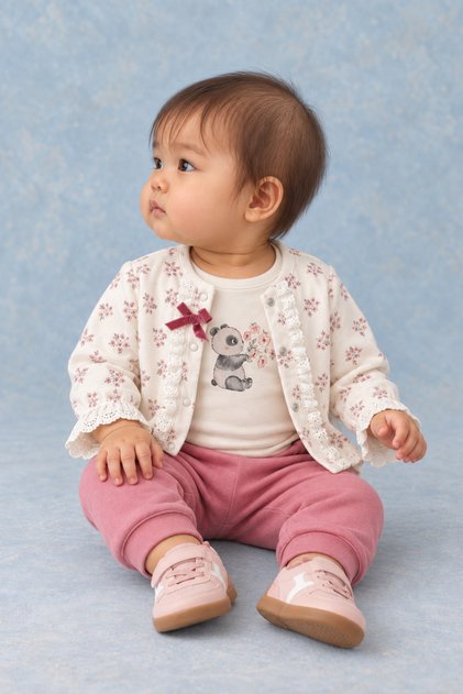 Baby Girl Panda Printed Floral 3-Piece Set with Ruffle Detail Cardigan and Badi Trousers Set