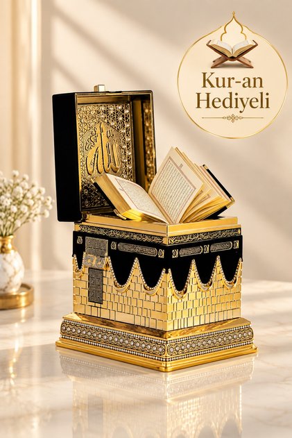 Kabe Maketi Kur'an-ı Kerim Hediyeli Biblo Zirkon Taşlı Kuran Kabı Lüks Dini Set 21 cm