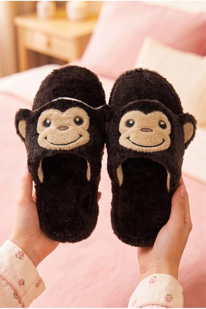 Women's Plush House Slippers Cute Monkey Patterned Winter Warm Closed-Toe Soft Sole Slippers