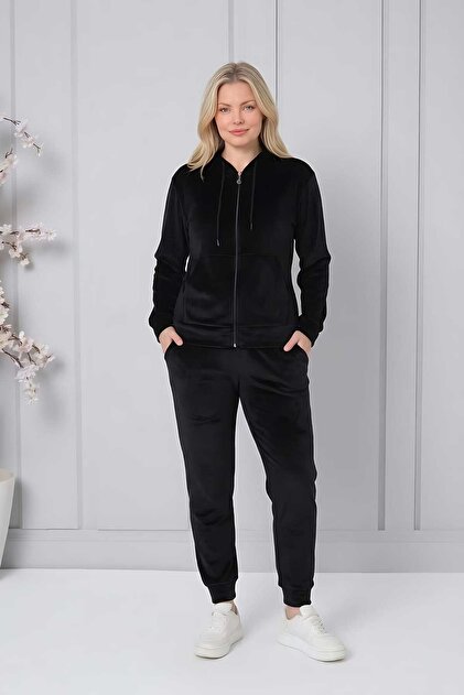 Velvet Hooded Zippered Top and Bottom Pajama Tracksuit Set