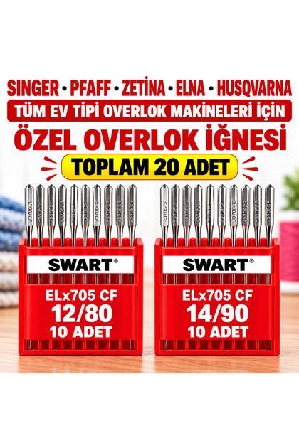 SİNGER VE TÜM EV TİPİ OVERLOK MAKİNELERİ İÇİN 12/80 VE 14/90 NUMARA 20 ADET OVERLOK MAKİNE İĞNESİ