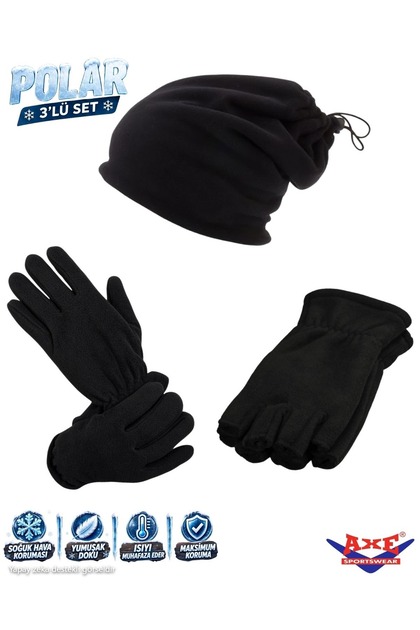 Black Winter Thermal Fleece Fingerless Gloves, Fingered Gloves, Beanie Neck Collar 3-Piece Winter Set
