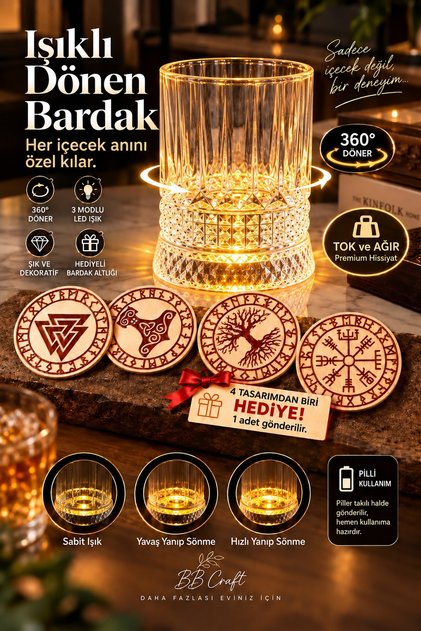 Işıklı Dönen Bardak 360° LED Dekoratif Kristal Görünümlü Bardak Premium Ağırlık