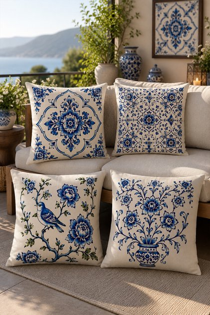 Blue Flowers and Birds Patterned 4-Piece Throw Pillow Cover Set