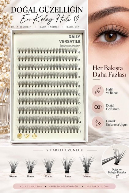 200 Adet Doğal Demet Takma Kirpik Seti, 5 Farklı Boyut Demet Takma Kirpik