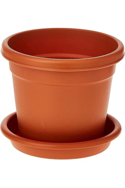 Plastic Round Flowerpot 6” With Tray, Terracotta