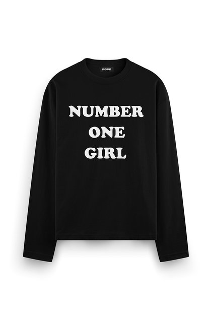Number One Girl Printed Long Sleeve Oversize Fit T-Shirt Black