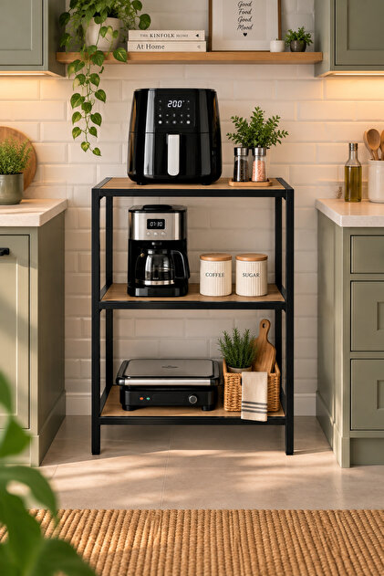 Luccawood 3 Raflı Mutfak Düzenleyici Airfryer Standı Kahve Köşesi Metal Raflı Çok Amaçlı Mutfak Rafı 85x45x33 cm