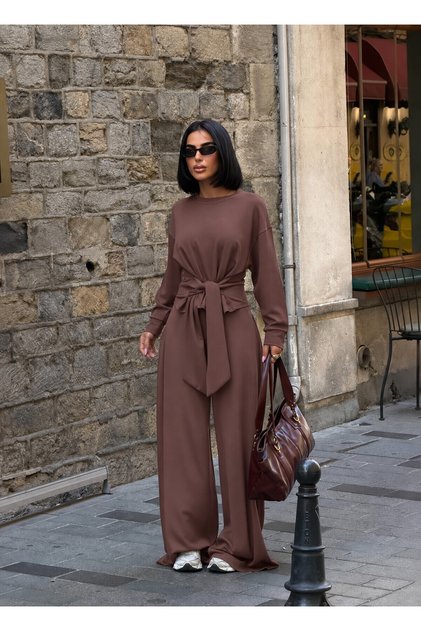 Kadın Kahverengi Beli Kuşak Bağlamalı Modal Takım E26-ST2978