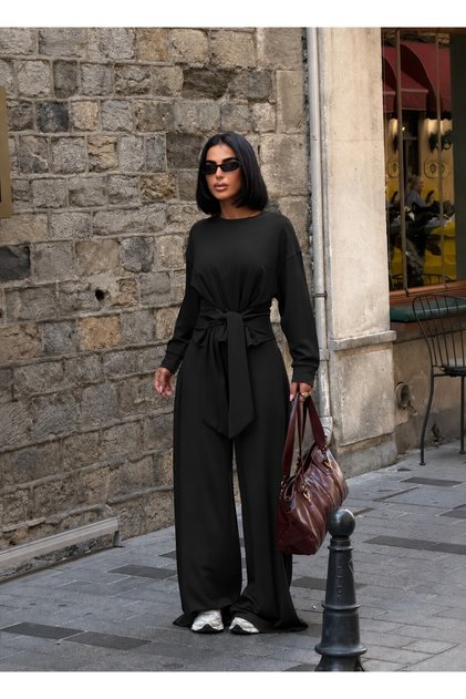 Kadın Siyah Beli Kuşak Bağlamalı Modal Takım E26-ST2978