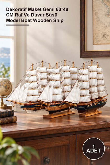 1 Adet Ahşap Gemi – Dekoratif Maket Gemi 60*48 CM Raf Ve Duvar Süsü Model Boat Wooden Ship